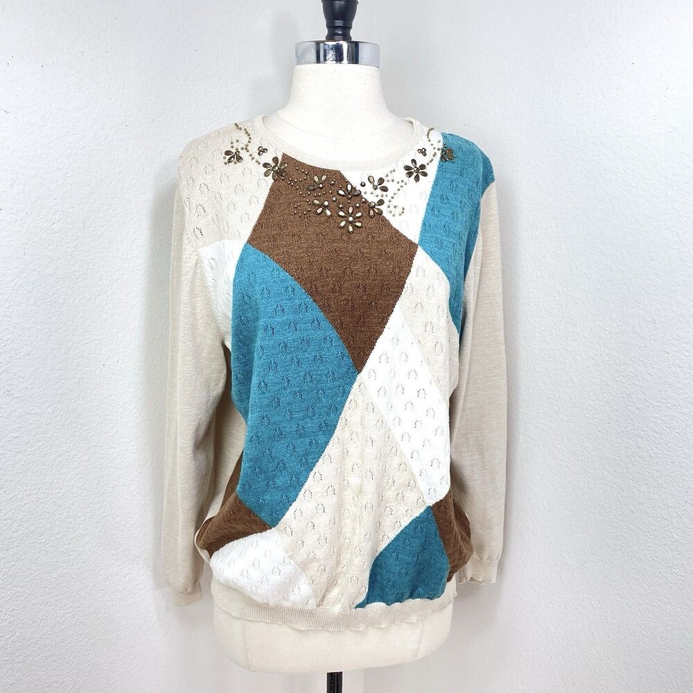 Vintage Alfred Dunner Beaded Argyle Cotton Sweater XL Pullover Long Sleeves